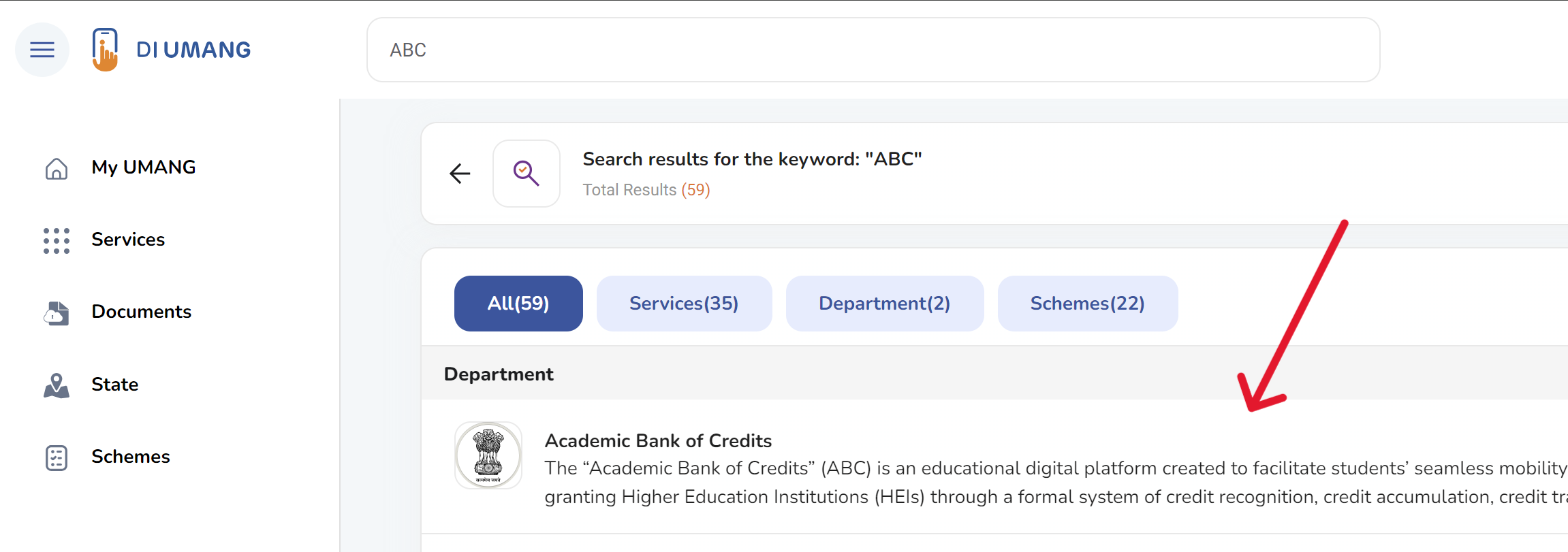 Find ABC on UMANG Portal