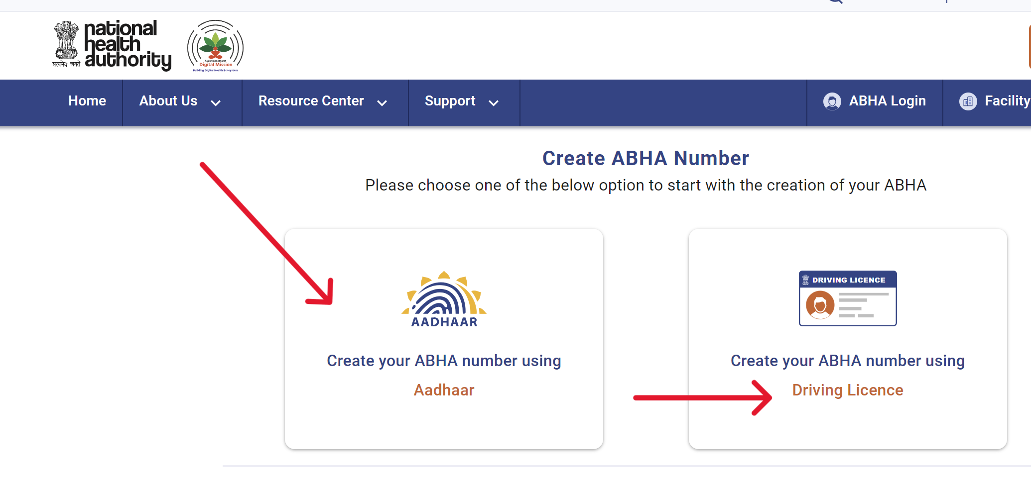Choose Aadhaar or DL to Create ABHA