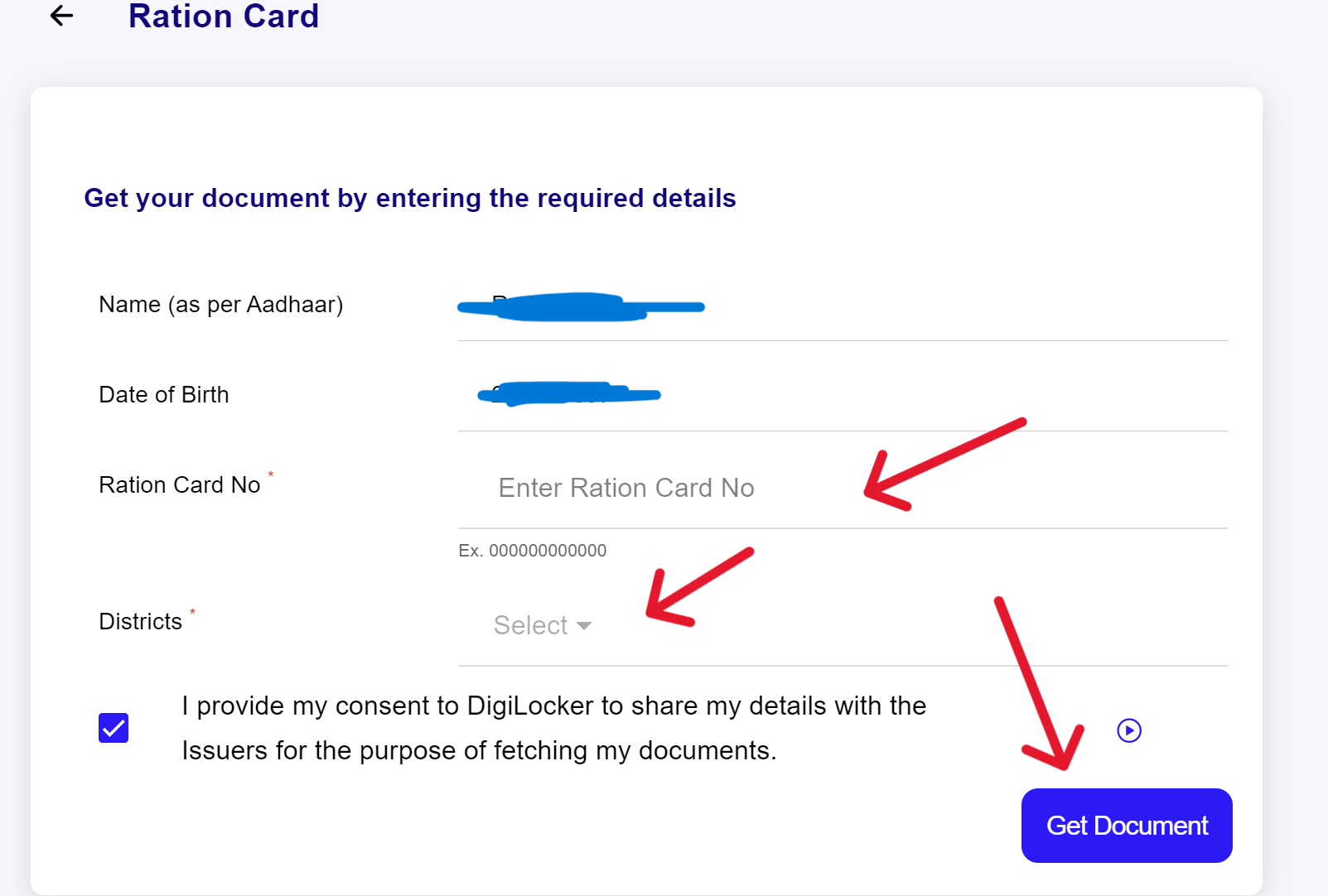 Enter details tp download ration card