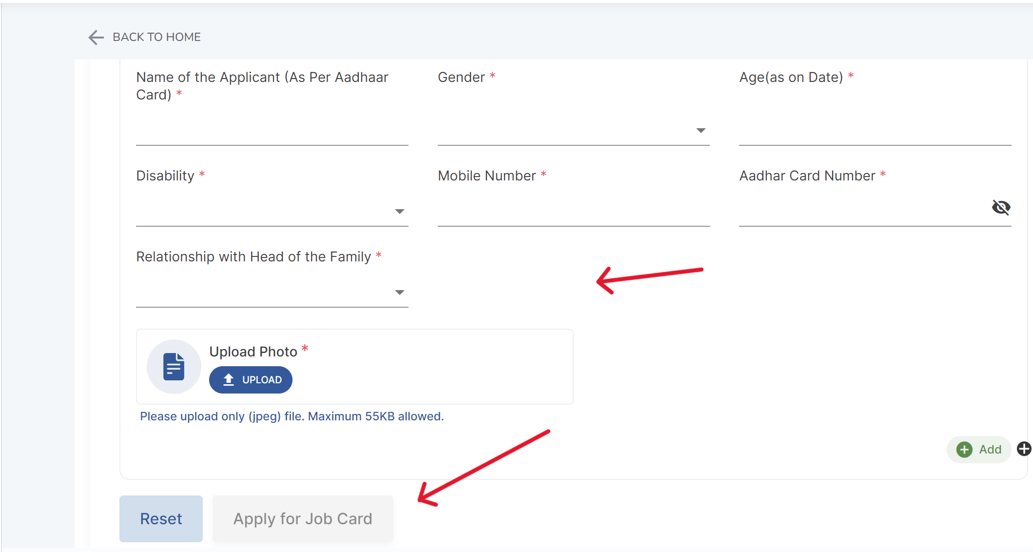 Job card registration (applicant details)