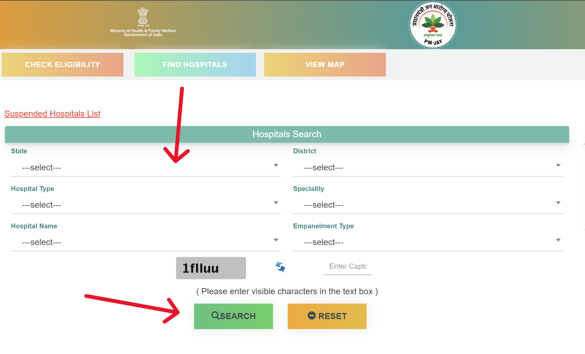 PMJAY Hospital Search Page