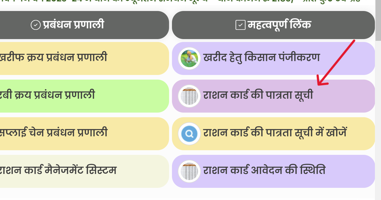 Ration Card List Option on homepage