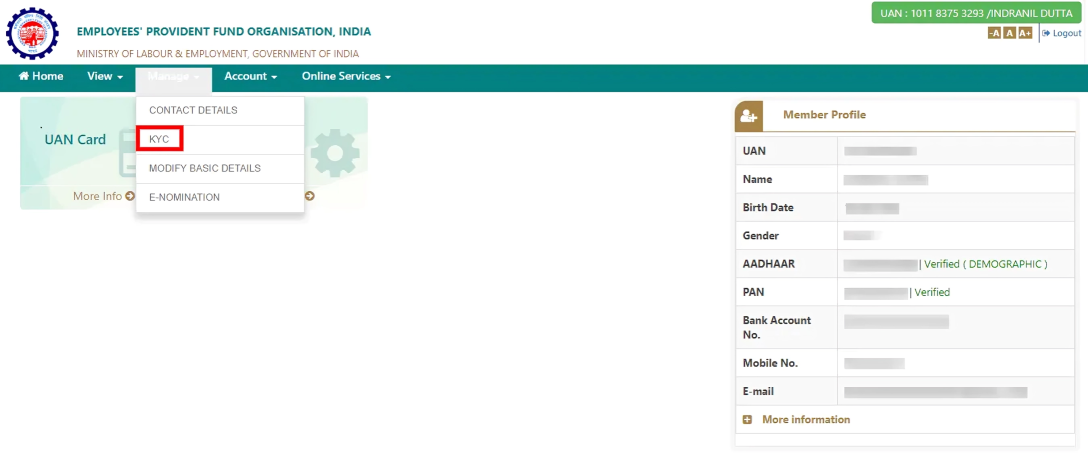 Select KYC option from Manage section