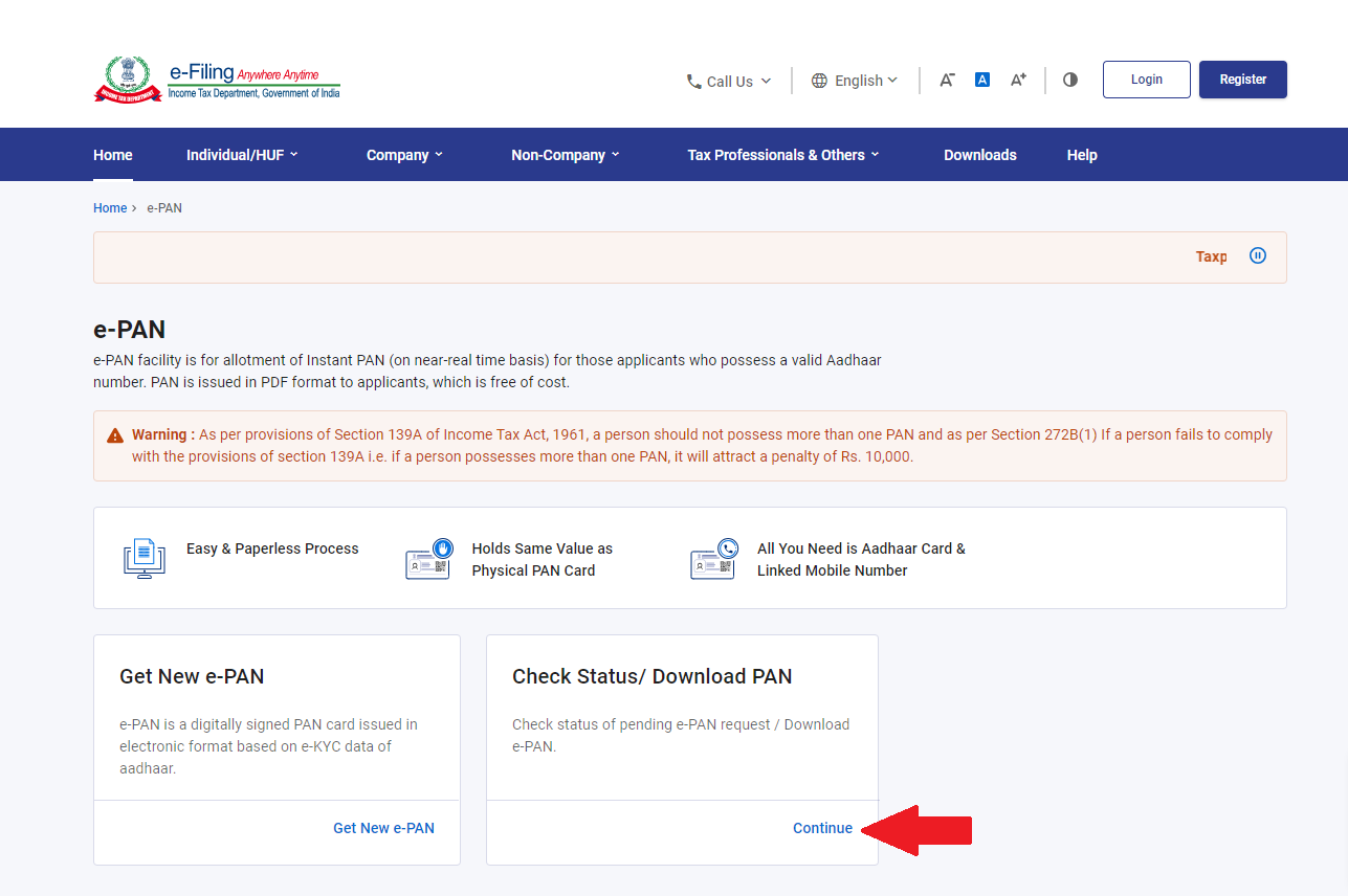 Check Status Of instant e-pan