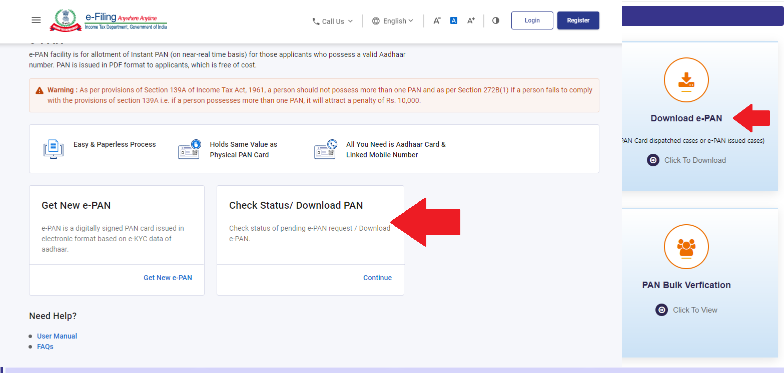 Download E-PAN On E filing portal