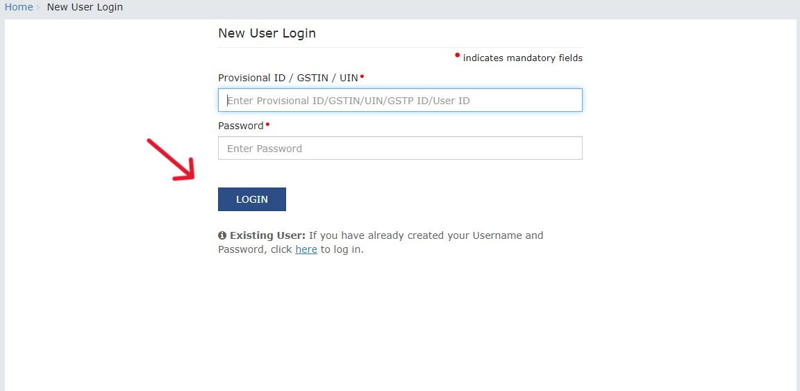 GST New User Login Page