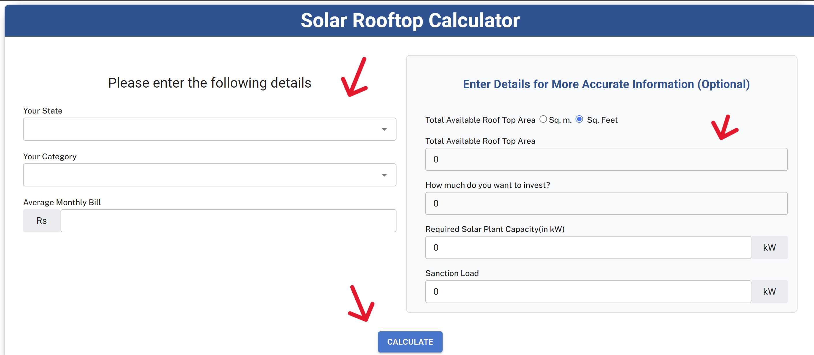 Solar Rooftop Calculator Page
