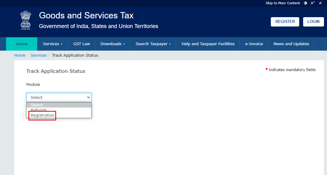 Track GST Applicationn Status Page