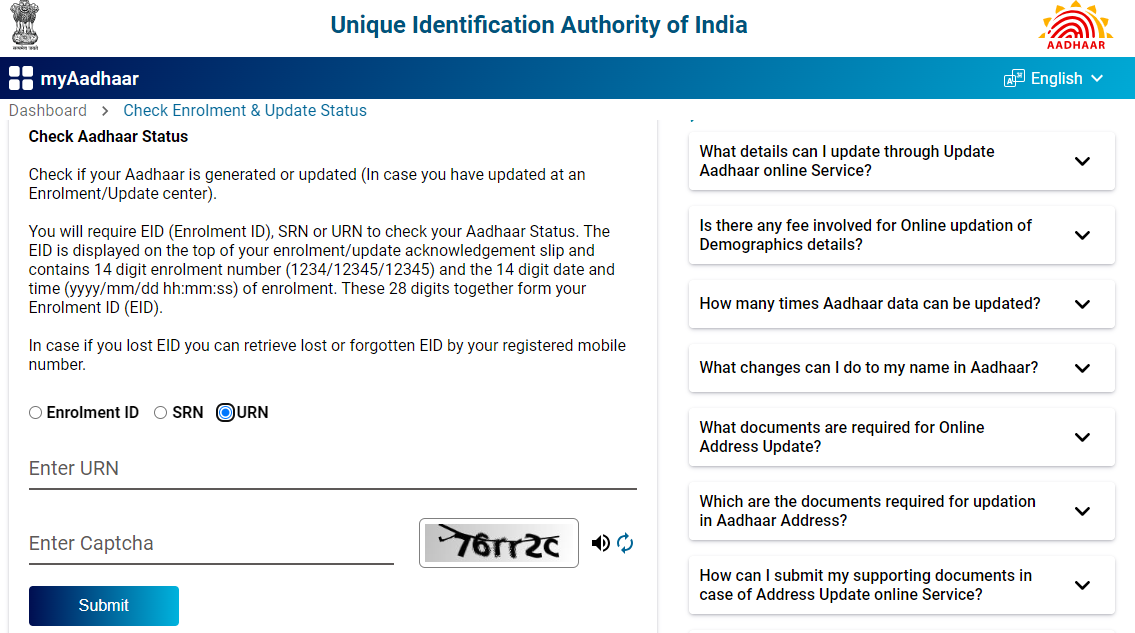 Check Aadhaar status using URN