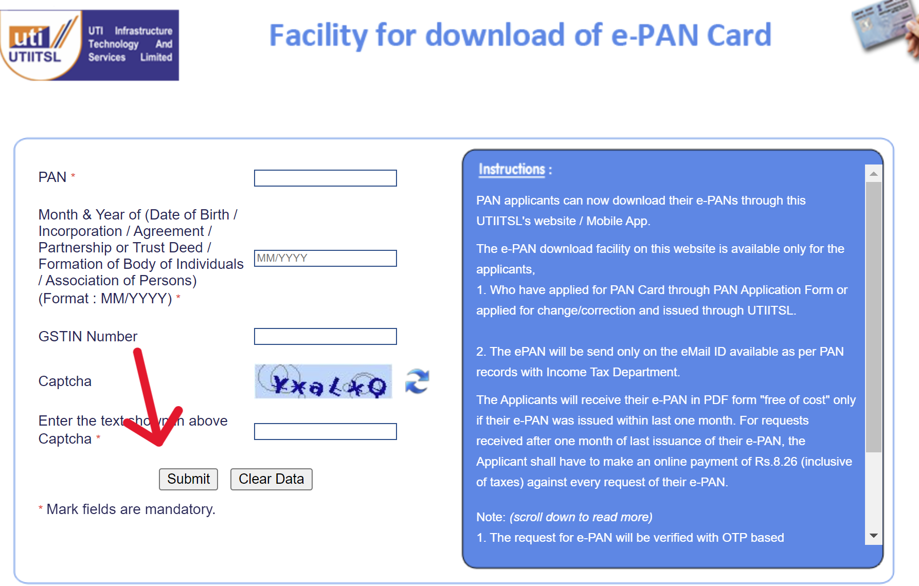 Download e-PAN Page On UTIITSL Portal