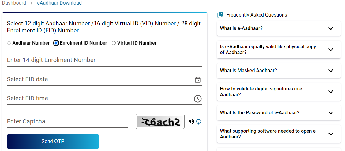 Download eAadhaar using Enrolment ID Number
