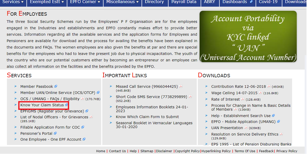 Know your Claim Status option on for employees service seaction