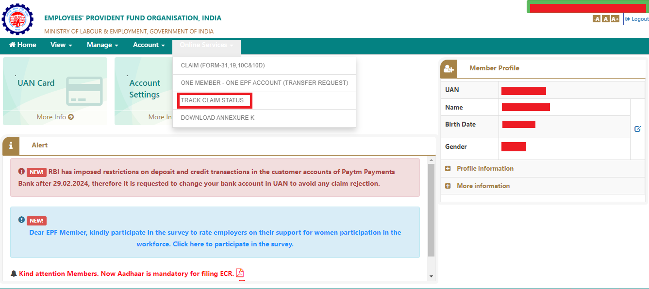 Track claim status option on UAN member profile dashboard